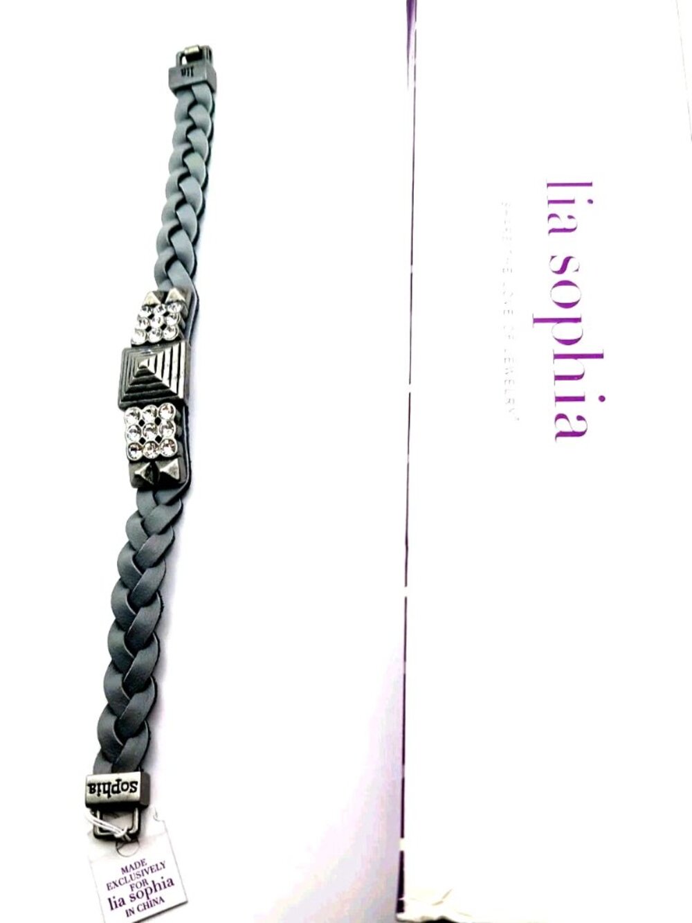 Lia Sophia -Confidant Bracelet Gray Braided Leather with Silver Tone New Tags